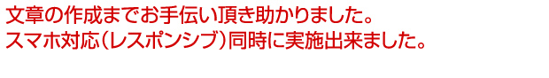 文章の作成までお手伝い頂き助かりました。
スマホ対応（レスポンシブ）もスムーズにできました。